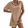 thumbnail image 3 of Women Summer V-Neck Dress Summer Short Sleeve Loose Fitted Casual Collared T-Shirt Dress Khaki L, 3 of 6
