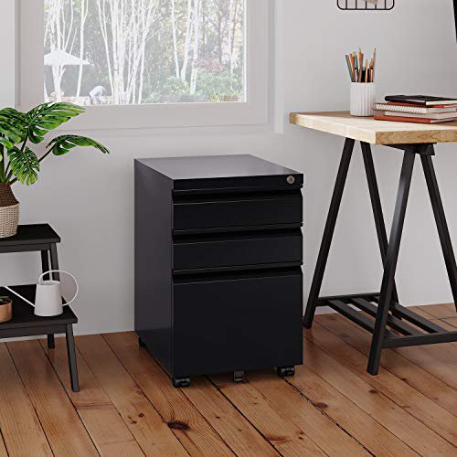 DEVAISE Classeur Mobile à 3 Tiroirs avec Serrure, Classeur Métallique sous le Bureau pour Dossiers Légal/lettre/A4, Entièrement Assemblé sauf Roues, Noir