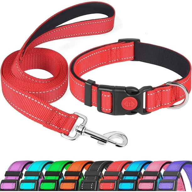 Collar de nailon reflectante para perros con hebilla de seguridad, collares ajustables para mascotas con acolchado de neopreno suave para perros de tamaño mediano, rojo