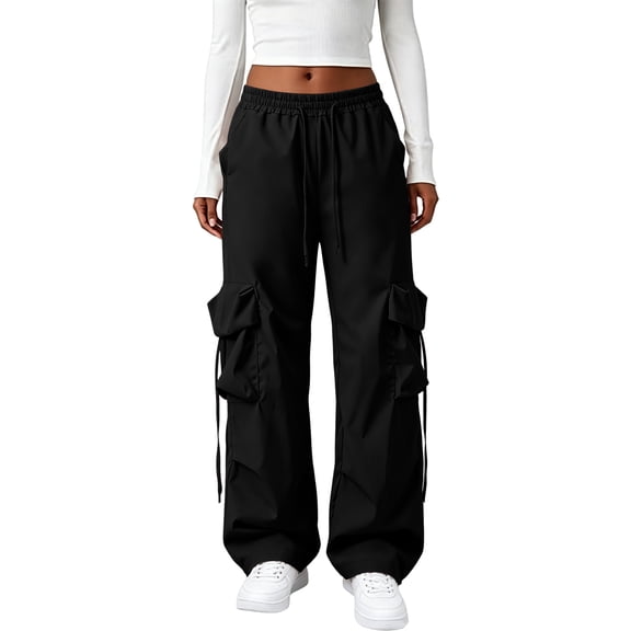 Cargo Pants Women Baggy Y2k Streetwear Wide Leg Pants with Pockets High Waist Drawstring Goth Black L