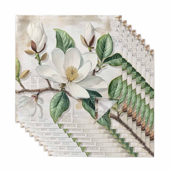 Flowers Leaves Cloth Napkins, Farmhouse White Botanical Magnolia Retro Washable and Reusable Dinner Napkins Set of 8, Table Napkin for Kitchen Party Birthday Wedding Hotel Housewarming 20"x20"