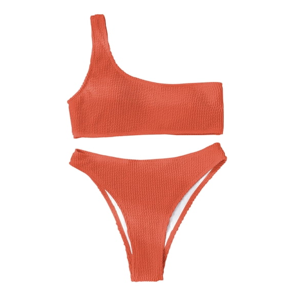 UTSJKR Women's Ribbed Bikini Sets Fashion Solid One Shoulder Top with Mid Waist Bottoms Two Piece Bathing Suit Orange L