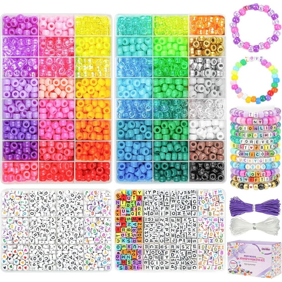 4200Pcs Pony Beads for Bracelet Making Kit, 48 Colors Kandi Beads Bracelet Kit, 2500pcs Rainbow Candy, 1700pcs Friendship Letter Beads with 20 Meter Elastic Strings for Jewelry Making