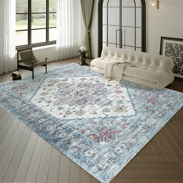 Blue 9x12 Rugs for Living Room, Floral Machine Washable Area Dining Room Rugs