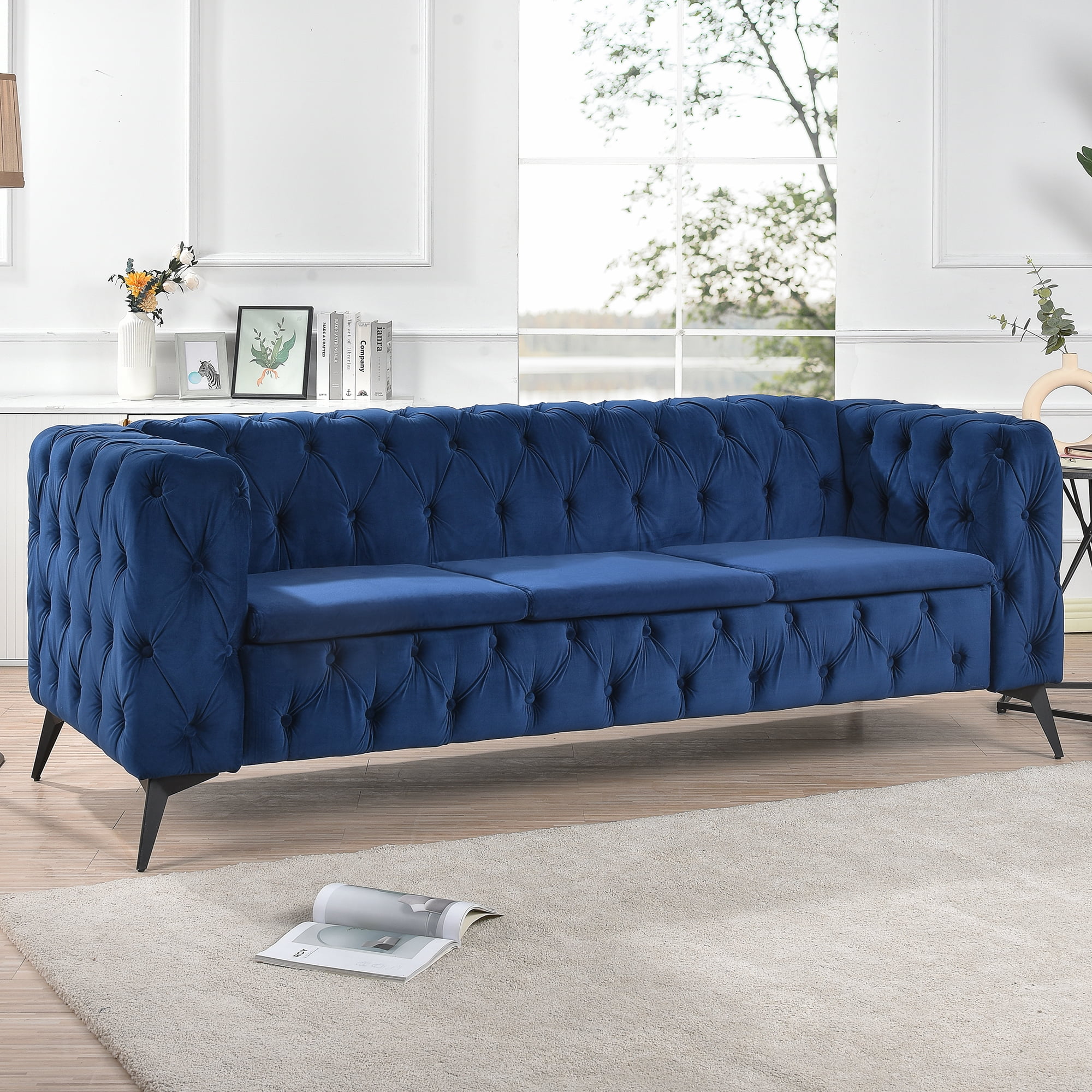 Kadyn 84.06" Modern Upholstered 3 Seater Sofa, Removable Cushion Sofa Couch for Living Room, Traditional Square Arm Fabric Sofa with Iron Leg, Peacock Blue