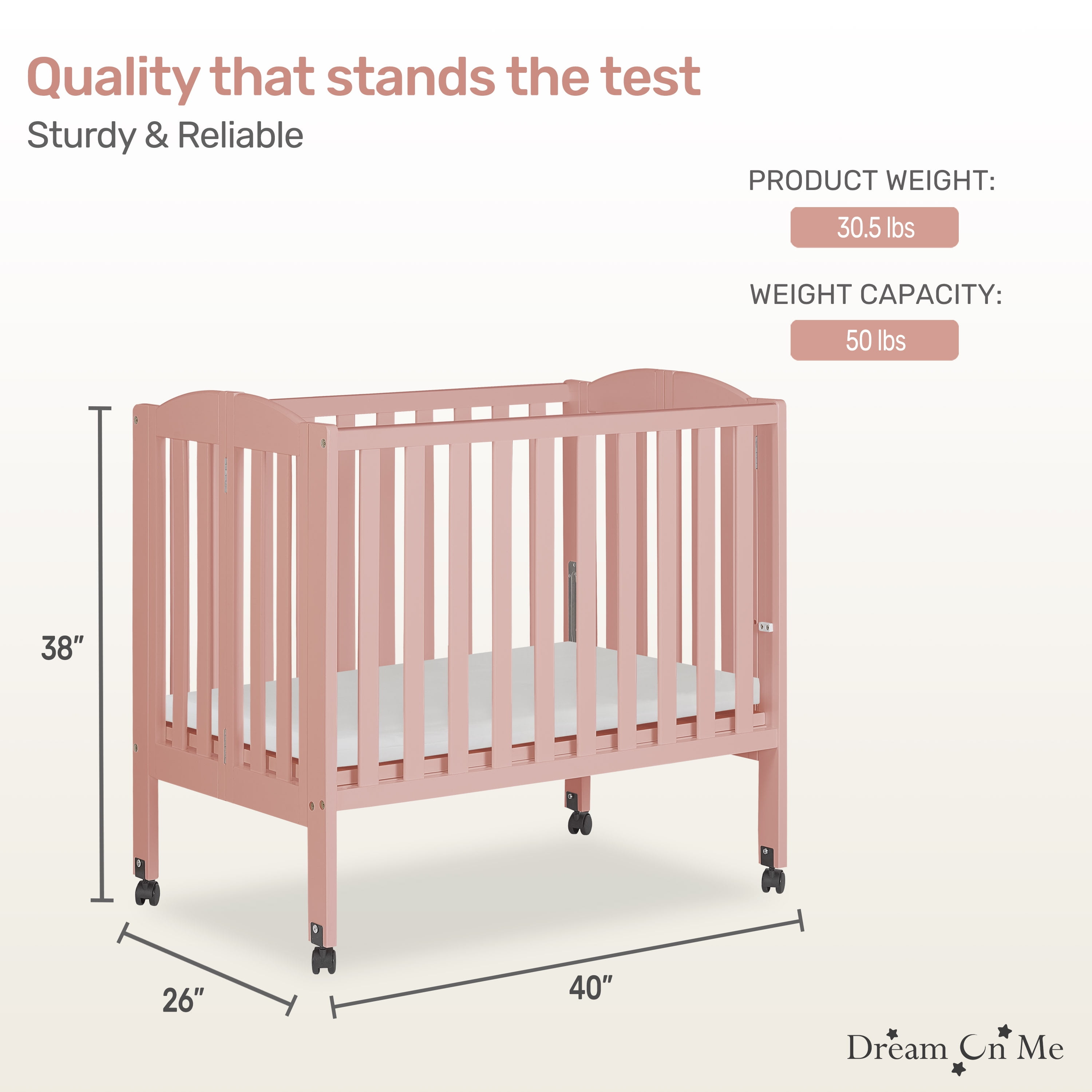 Dream On Me 2-in-1 Folding Portable Mini Crib in Dusty Pink, Mattress Pad Included, Easy to Fold and Store Baby Crib, Two Adjustable Mattress Height positions Convertible Crib