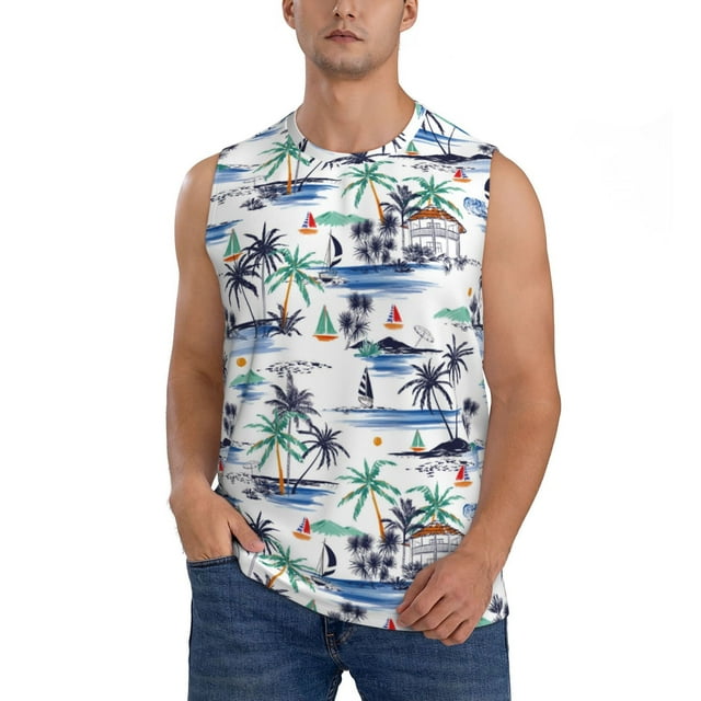 Fotbe Hawaii Palms Men's Camiseta sin Mangas Estampada para Hombres, Playera Casual para Gimnasio, Entrenamiento, Playa-3X-Large