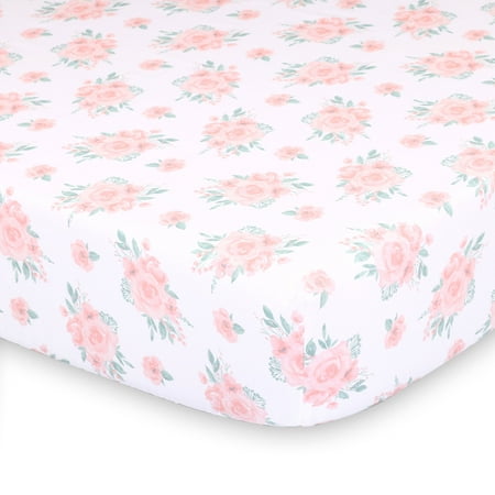 - Pink Watercolor Floral Cotton Fitted Baby Girl Crib Sheet - Farmhouse Collection by The Peanut Shell