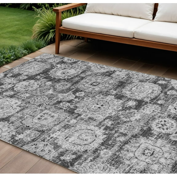 HomeRoots 579461 9 x 12 ft. Floral Washable Indoor & Outdoor Rectangle Area Rug, Gray, Charcoal & Silver