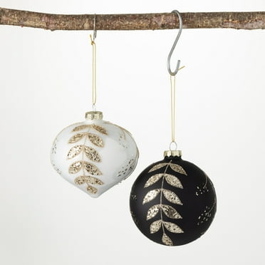 4"H Sullivans Glittered Leaf Ornament - Set of 2, Black Christmas Ornaments