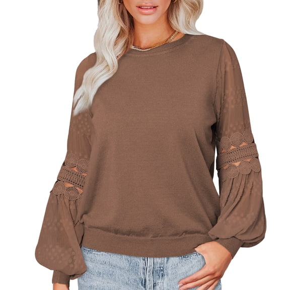 Women Long Sleeve T Shirt Round Neck Pullover Top Lantern Sleeve Ladies Casual Loose Top Coffee L