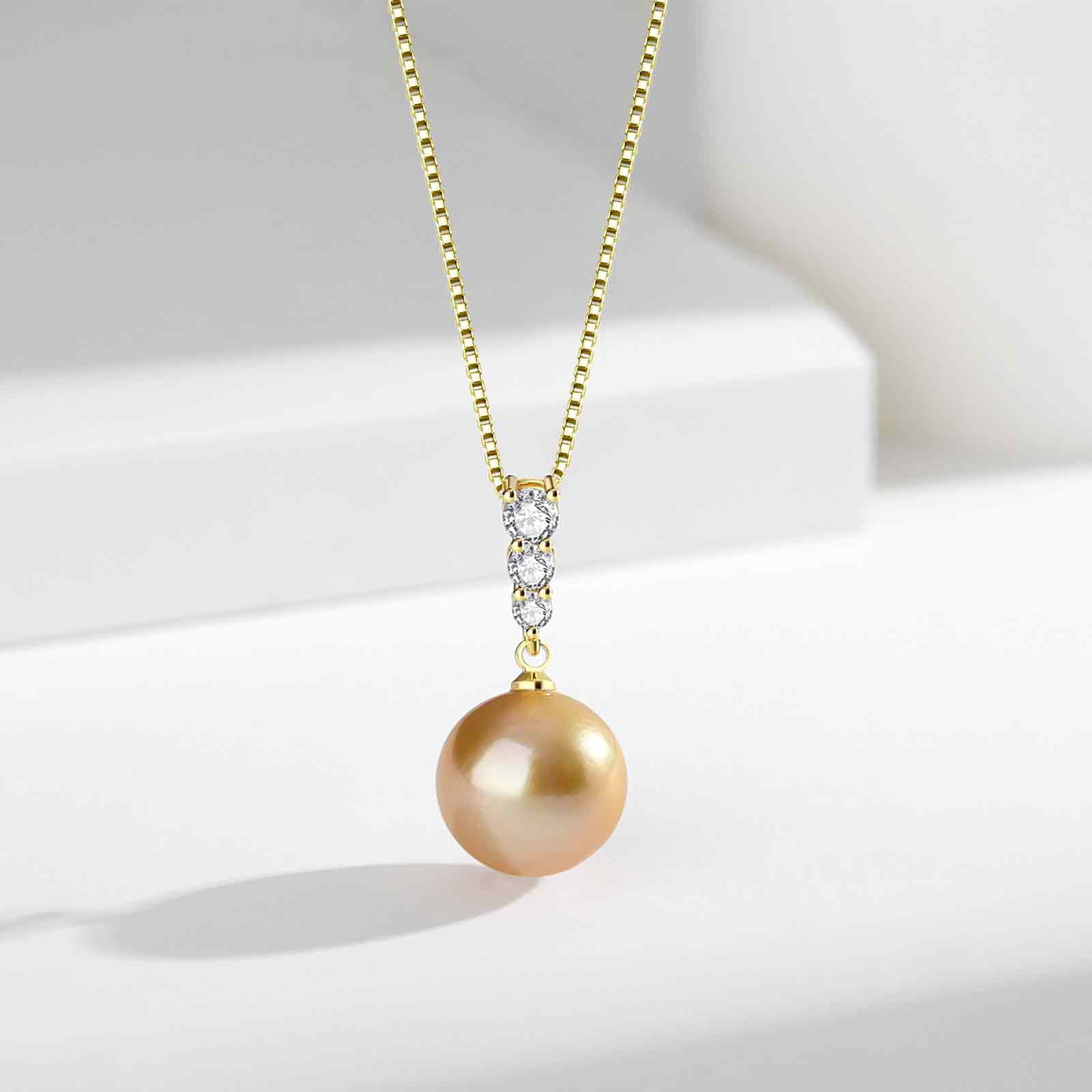 Yami 11-12mm Golden Pearl Pendant Necklace Saltwater Cultured Round Pearls in 925 Sterling Silver, 18+2in Adjustable Length Mother' Day Gift for Her