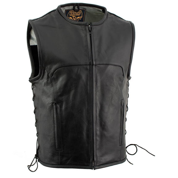 Milwaukee Leather Men's Drifter Black Collarless Buffalo Leather Motorcycle Vest - LKM3792 5X-Large