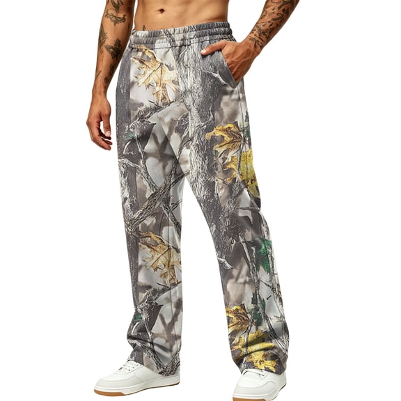 Men's Baggy Camo Sweatpants Wide Leg Hunting Loose Joggers Workout Athletic Sweat Pants wtih Pockets Earthy Yellow L
