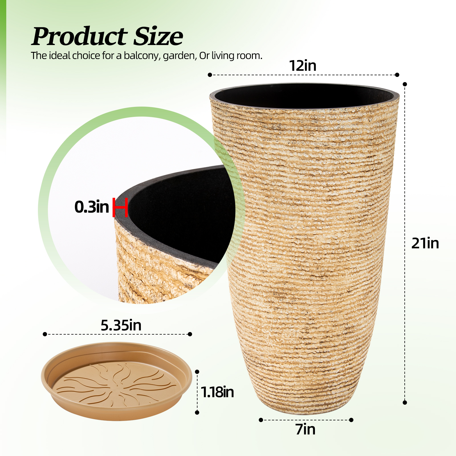 QCQHDU 21 inch Tall Planters with Saucer,2 Pack 9 Gallon Stone Round Pots for Indoor Plants,Outdoor Patio & Porch Decor, Heavy Duty Weatherproof Plant Containers,Beige