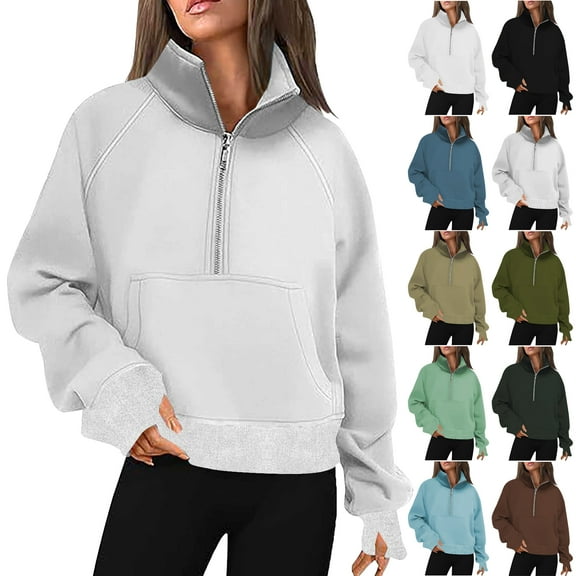 Autumn Sweatshirt for Women High Neck 3/4 Zipped Up Pullover Sweatshirts for Ladies Long Sleeves Solid Color Lightweight Sweatshirts Casual Cozy Everyday Wear