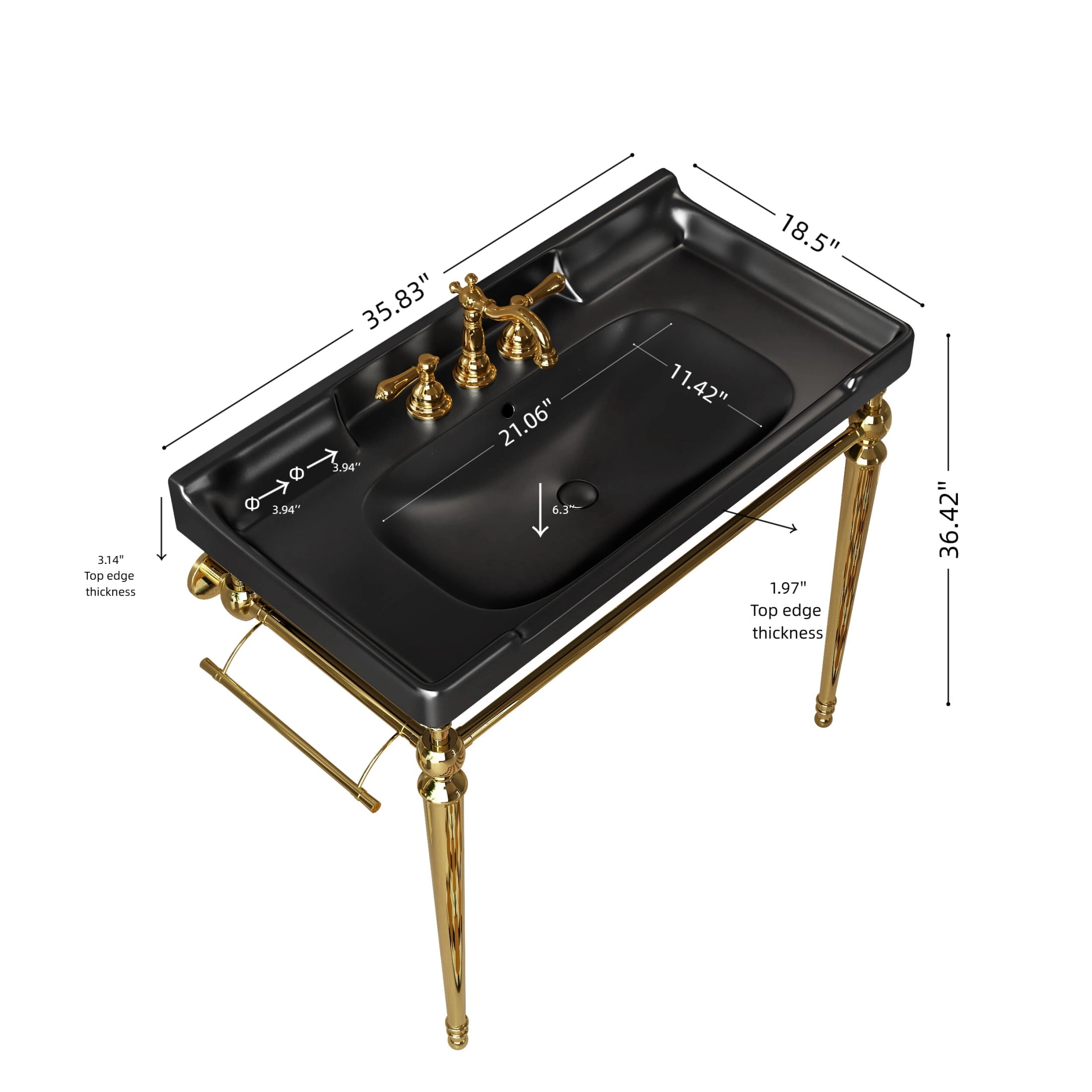 Noble House VICI 36" Bathroom Console Sink, Wall-Mounted Ceramic Basin Vanity with Stainless Steel Legs, Black & Gold
