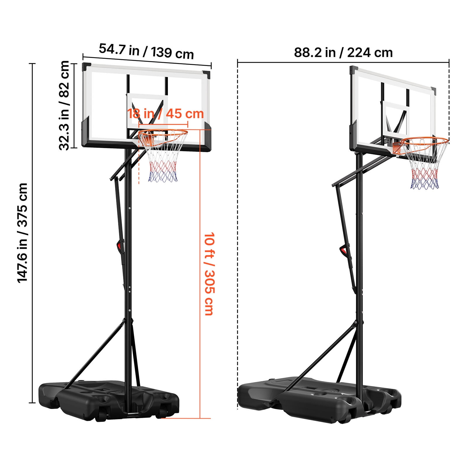 KFFKFF Portable Basketball Hoop with Adjustable Height Outdoor – 10 ft, 79.15 lbs, Red