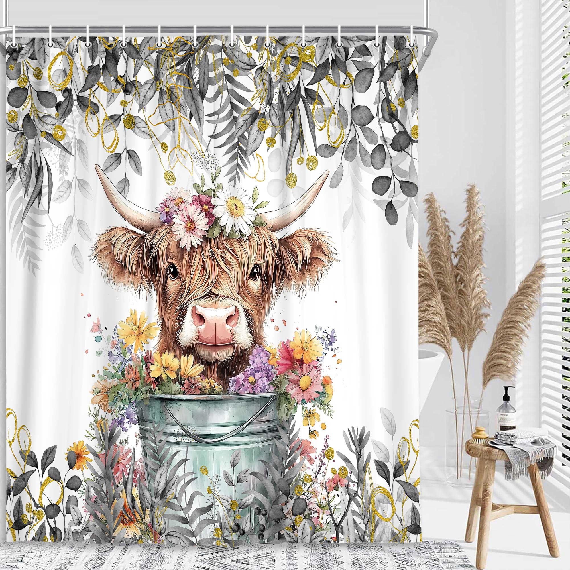 Gray Grey Eucalyptus Highland Cow Shower Curtain, Watercolor Plant Leaves with Floral Farmhouse Bath Curtain, Funny Animals Bathroom Accessories Botanical for Bathroom Curtain Set with Hooks, 72X72in