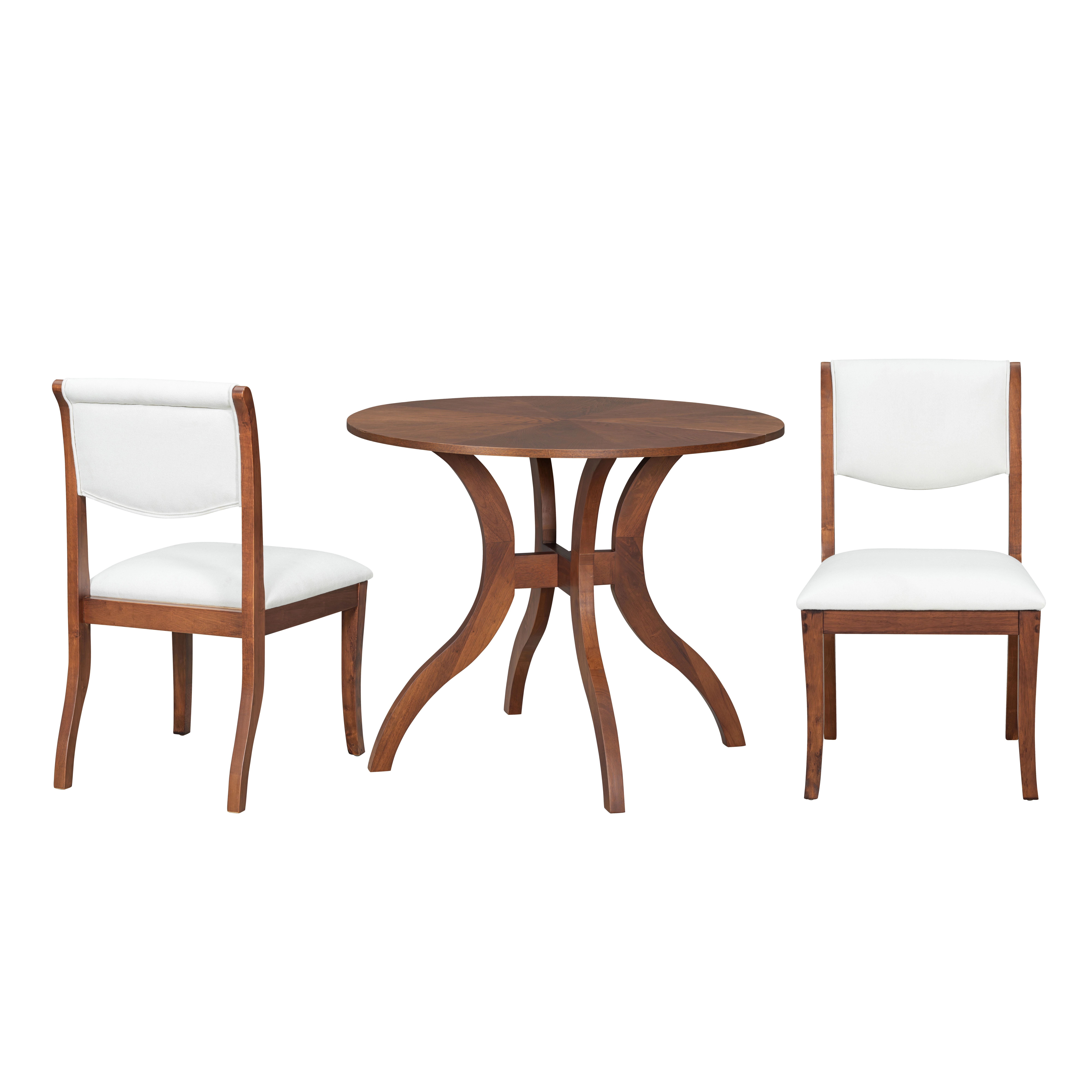 Euroco 3-Piece Dining Table Set for 2,Wooden Kitchen Table with Curved Legs & 2 Upholstered Chairs for Small Spaces, Kitchen, Living Room,Walnut+White