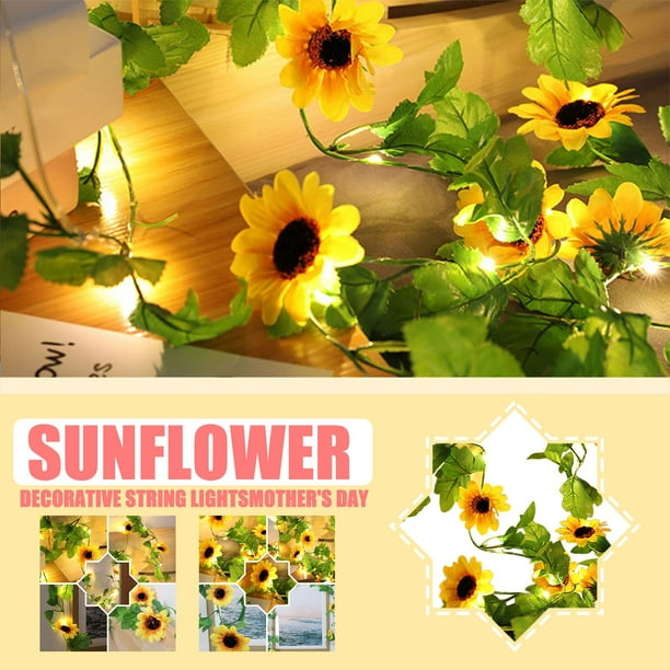 Xihbxyly Guirnalda de Luces Led de Girasol, Diseño Floral Decorativo, Luz Amarilla Cálida, 2 M de Largo, Funciona con Pilas, Decoración Navideña, Regalo para El Día de La Madre, Protección Ip43 Contr