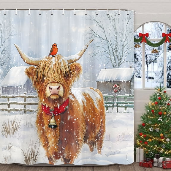 Winter Christmas Highland Cow Shower Curtain, Funny Cow Rustic Farmhouse Snowflake Snow Scene Shower Curtain for Bathroom, Xmas New Year Holiday Fabric Bathtubs Decor with Hooks, 69X70IN