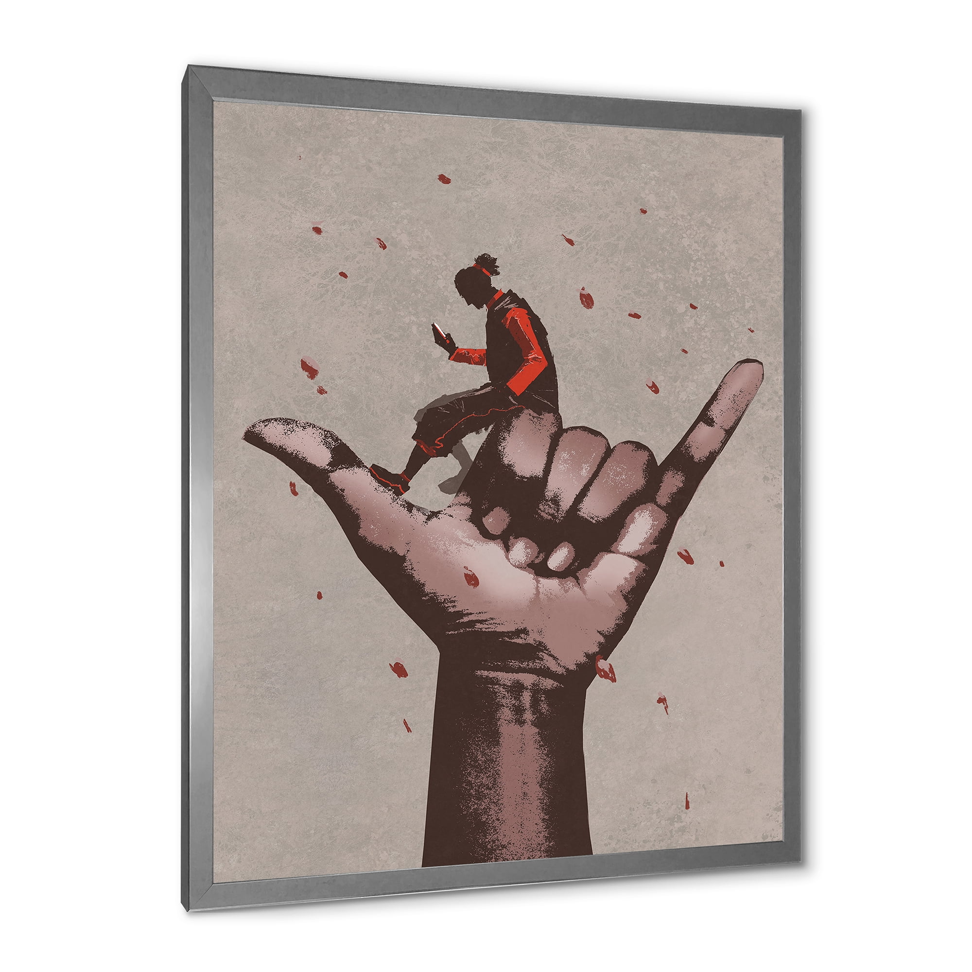 Designart 'Man Using Mobile Phone With Call Me Sign' Modern Framed Art Print