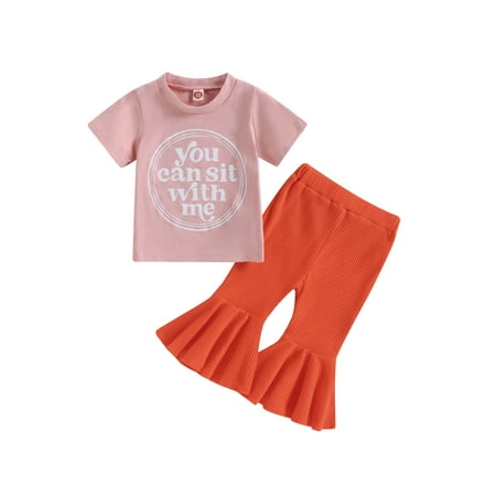 

Wassery Infant Baby Girls Summer 2Pcs Outfits Letter Print Short Sleeve Tops Crew Neck T-Shirts with Bell-Bottomed Pants Clothes Set 0-24M