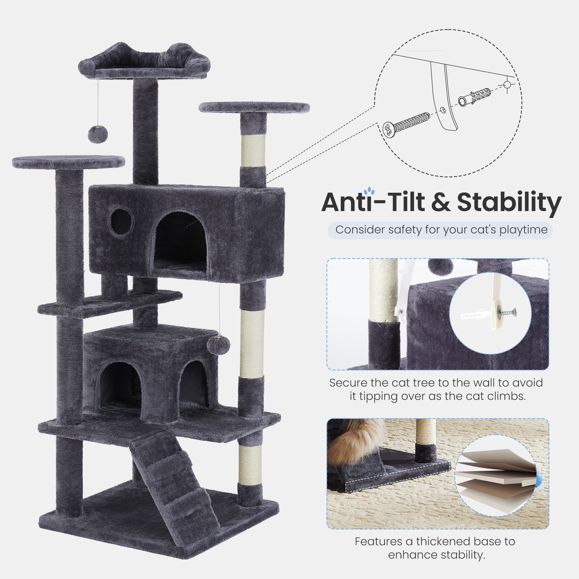 EDX 54" Cat Tree Tower for Indoor Cats, Multi-Level Pet Furniture with Sisal Scratching Post, Large Cozy Condo, Climbing Ramp, Kitten Toy, Dark Grey