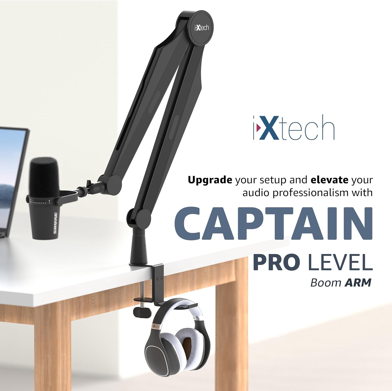 IXTECH Mic Boom Arm Microphone Arm for Blue Yeti Shure Sm7b Hyperx QuadCast Rode At2020 and Fifine Upgraded Mic Stand with Tablet and Headphone Holder for Gaming Podcasting and Streaming CAPTAIN PRO