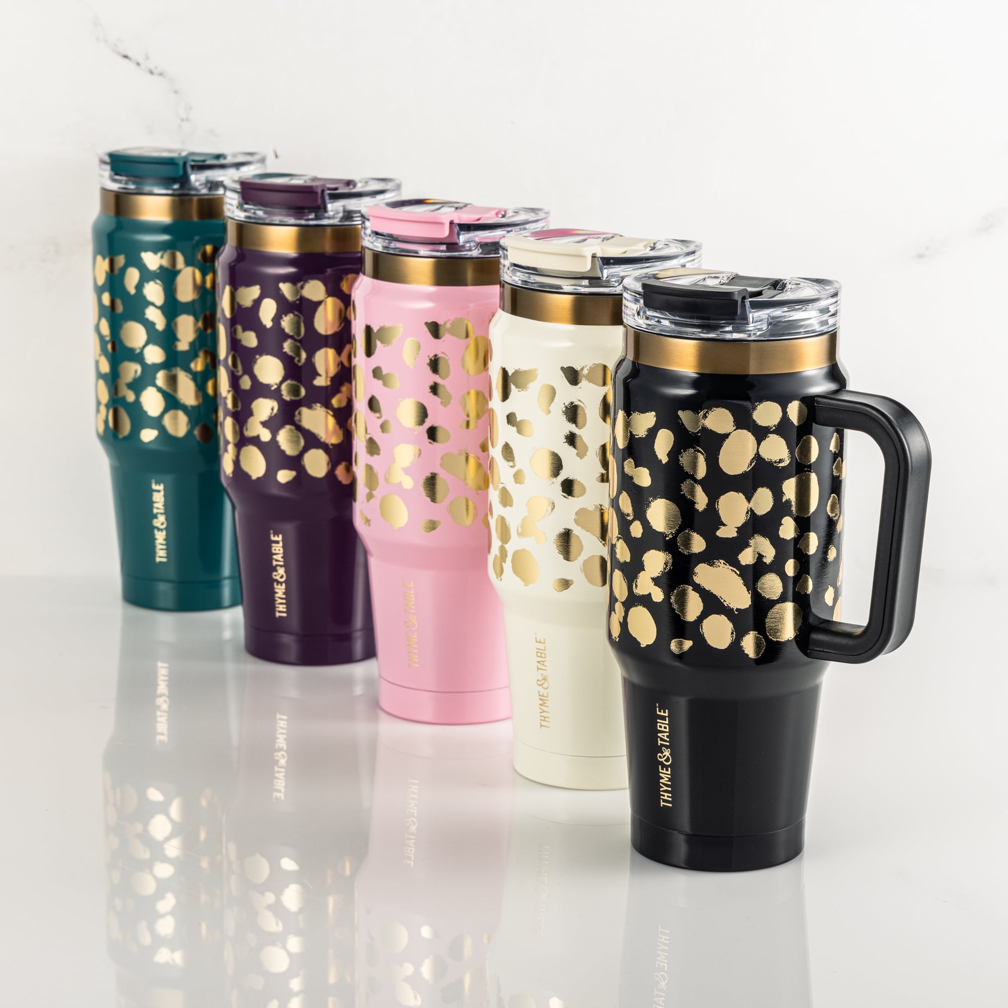 Gobelet Thyme & Table de 940 ml avec poignée, couvercle à double paille, double paroi isotherme en acier inoxydable, pois noirs et dorés