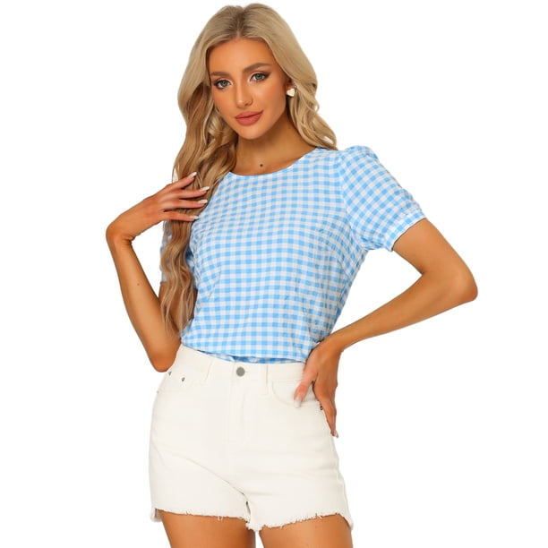 Blusa De Manga Corta Abullonada Vintage Con Cuello Redondo Y Guinga Informal De Verano Para Mujer Azul Claro S