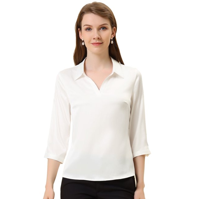 INSPIRE CHIC Women's Lapel V-neck Long Sleeve Button Cuffs Satin Blouse Shirts