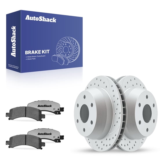 AutoShack Rear Vented Drilled & Slotted Coated Brake Rotors Silver Matte Finish   Ceramic Pads 6-PC Brake Kit Replacement for 2003-2014 Chevrolet Express 1500 TurboGuard 12.99" (330 mm)
