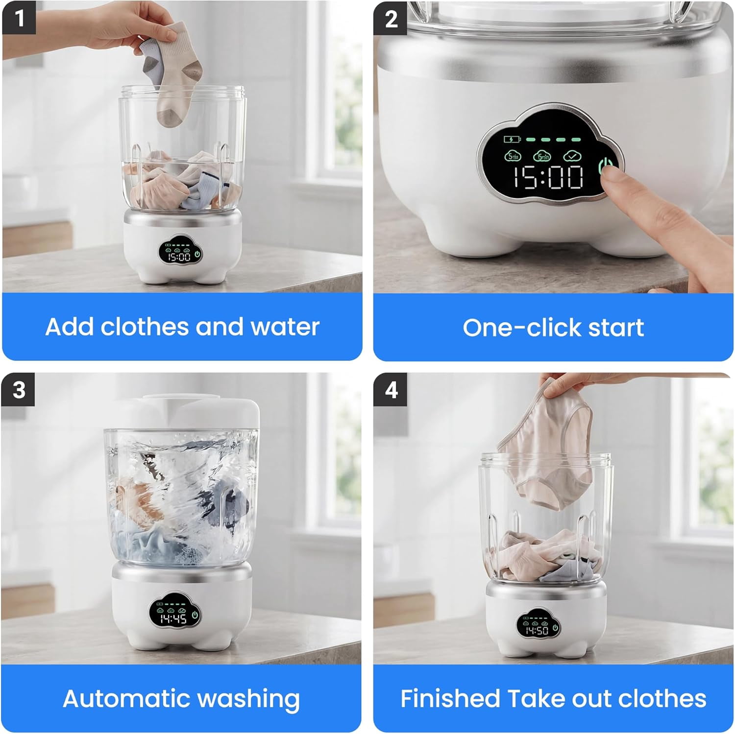Mini Underwear Washing Machine, Portable Washing Machine, Upgrade 1.6L Foldable Mini Washer with 3 Modes, Rechargeable Laundry Machine for Socks, Bikinis,Baby Clothes, Travel, RV, Apartment