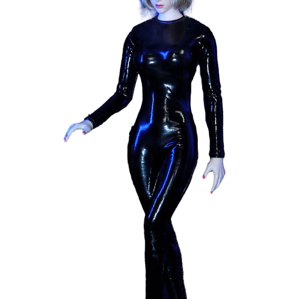 Ropa de muñeca 1/6 escala Disfraz de manga larga manga larga Mono negro para mujer de una pieza de una pieza Faux PU Cuero con cremallera Accesorios Negro Speravity FN001628-02