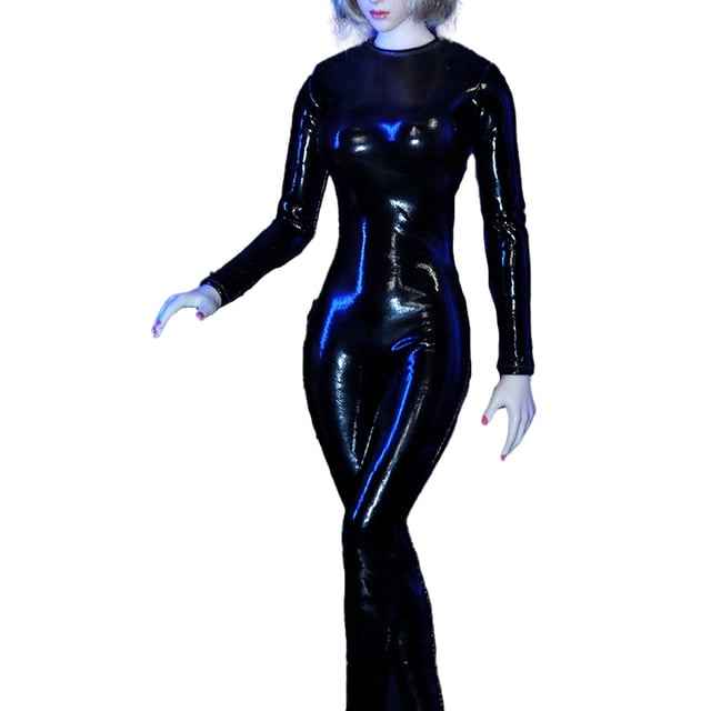Ropa de muñeca 1/6 escala Disfraz de manga larga manga larga Mono negro para mujer de una pieza de una pieza Faux PU Cuero con cremallera Accesorios Negro Scienceny FN001628-02