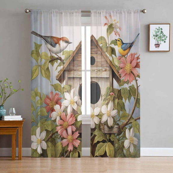 Birdhouse, Semi Sheer Curtains 72 Inch Length 2 Panels Set, Farmhouse Leaves Country Vintage Animal Sheer Kitchen Curtain Privacy Voile Window Curtain for Living Room Bedroom Rod Pocket Drapes