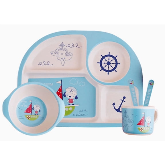 5 Piece Bamboo Dinnerware For Kids, Toddler,cute Animal Plate And Bowl Set,great Gift For Birthday, Baby Shower-Yvan