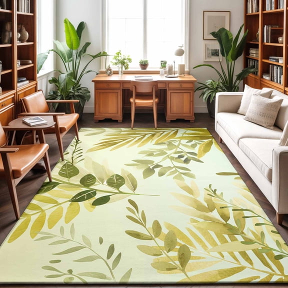 Large Area Rugs 9'x12', Sage Green Leaves Carpet Runner Indoor Outdoor Rugs Home Decor Aesthetic, Summer Botanical Farmhouse Watercolor Leaf Non Slip Mats Washable Accent Rug for Living Room Bedroom