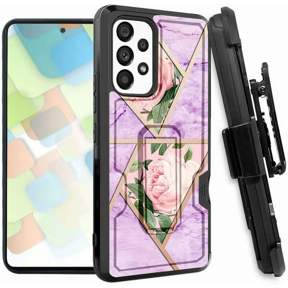 ANJ  Rugged Dual Layered Holster Case w/Kickstand, Card Slot Case   Tempered Glass Cover for Samsung Galaxy A53 5G - Purple Marble Roses