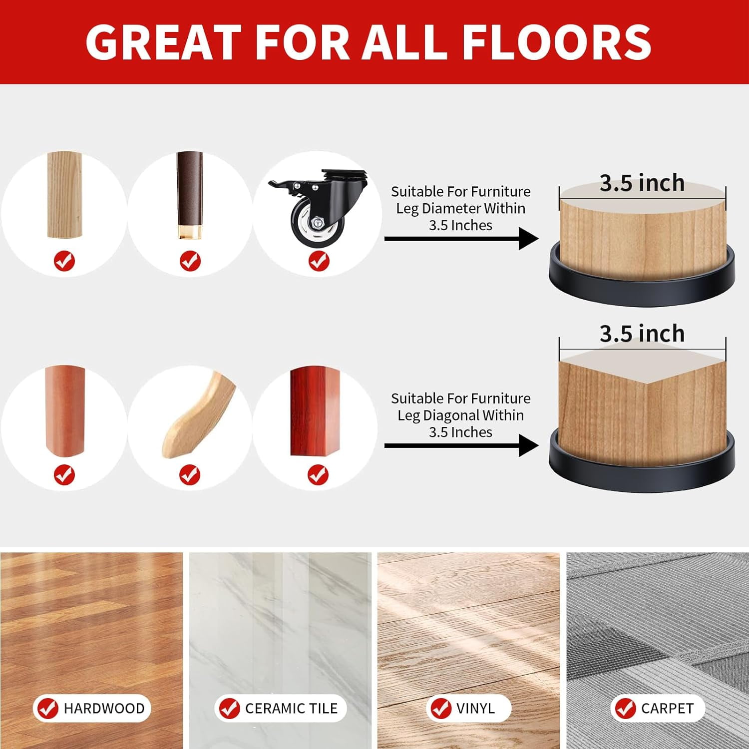 3.5 Inch Non Slip Rubber Furniture Pads for Hardwoods Floors, 16 Pack Round Non Skid Furniture Caster Cups Coasters, Furniture Feet Floor Protectors for Bed Couch Stoppers to Prevent Sliding (Black)