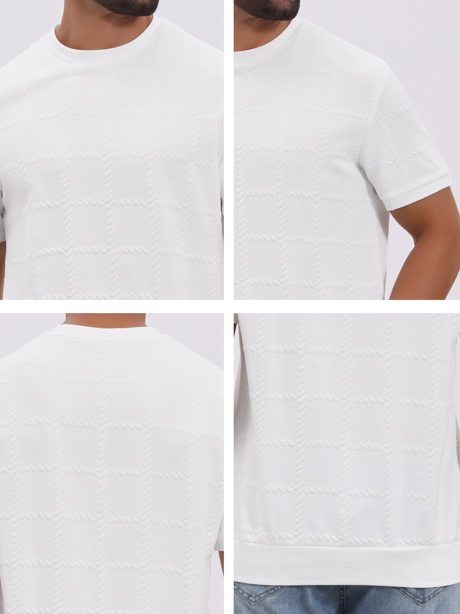 DARING DIVA Men's Jacquard Texture Crew Neck Short Sleeve Knitted T-Shirt S White