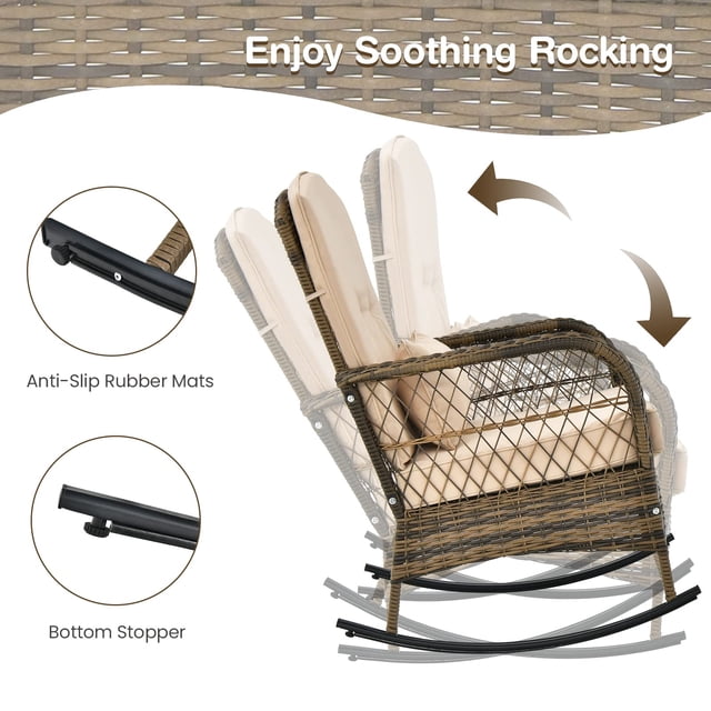 Patio Wicker Rattan Rocking Chair – Outdoor Single Rocker with Comfortable Cushions – Ideal for Garden or Balcony – White – Relaxing, Durable Design for Patio or Porch