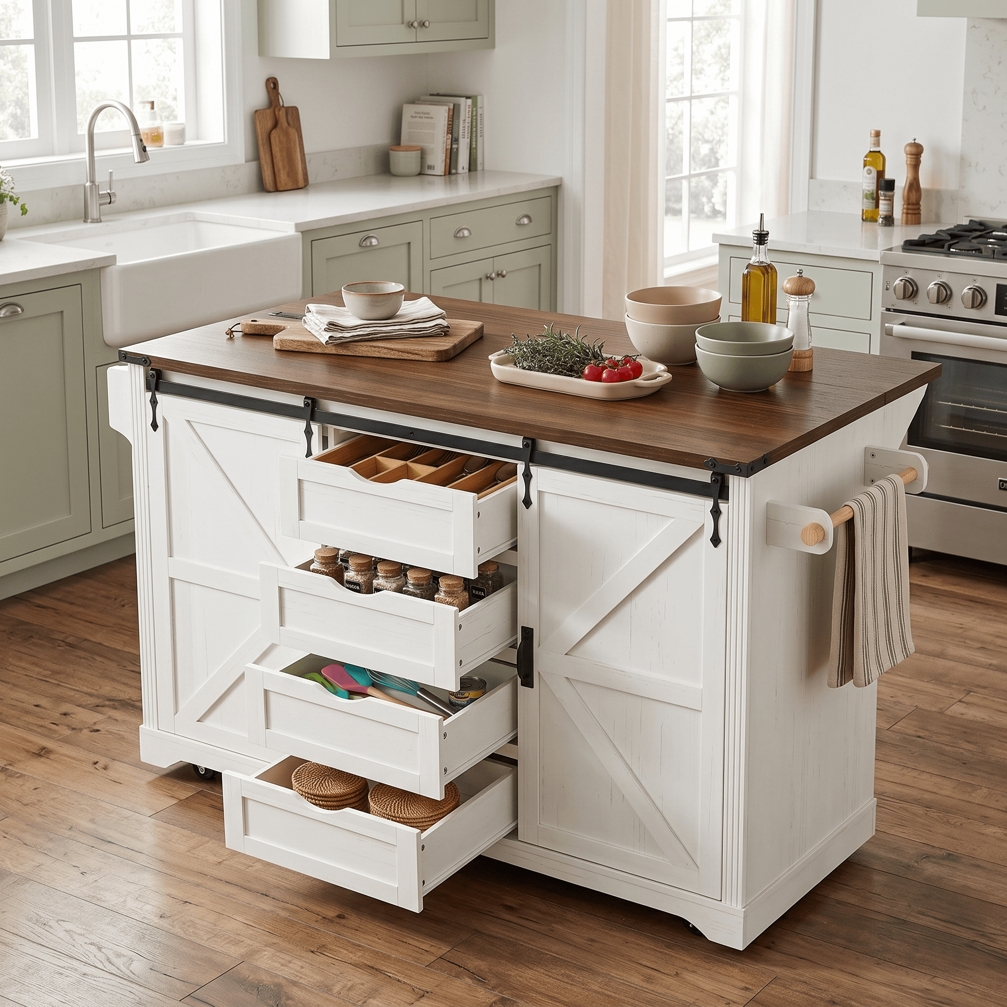 Homy Casa 72" Rolling Kitchen Island with Drop Leaf, Charging Station and Dual Fridge Bays, White