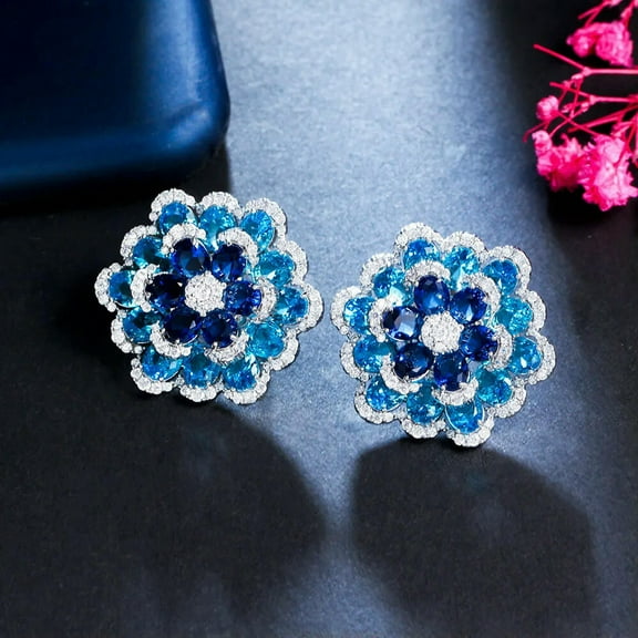 Silver Plated Blue CZ 3D Multiple Flower Stud Earring for Brides Costume Jewelry
