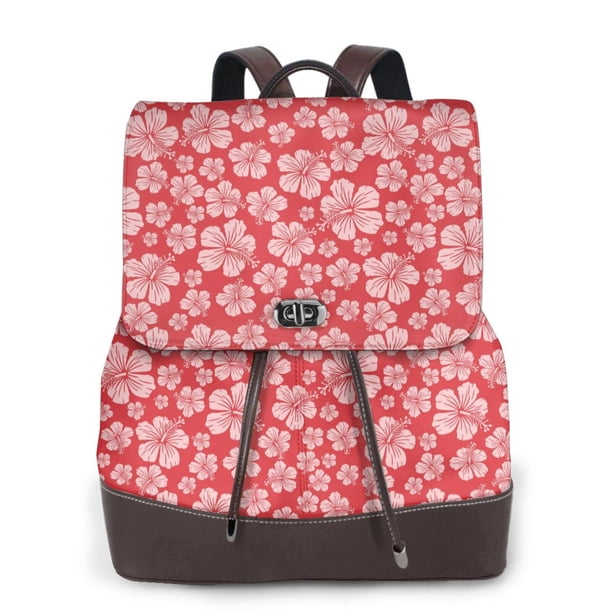 Disketp Red Hibiscus Flower Mochila de Cuero para Mujer, Bolso de Espalda Antirrobo con Estilo para Viaje, Trabajo y Uso Diario