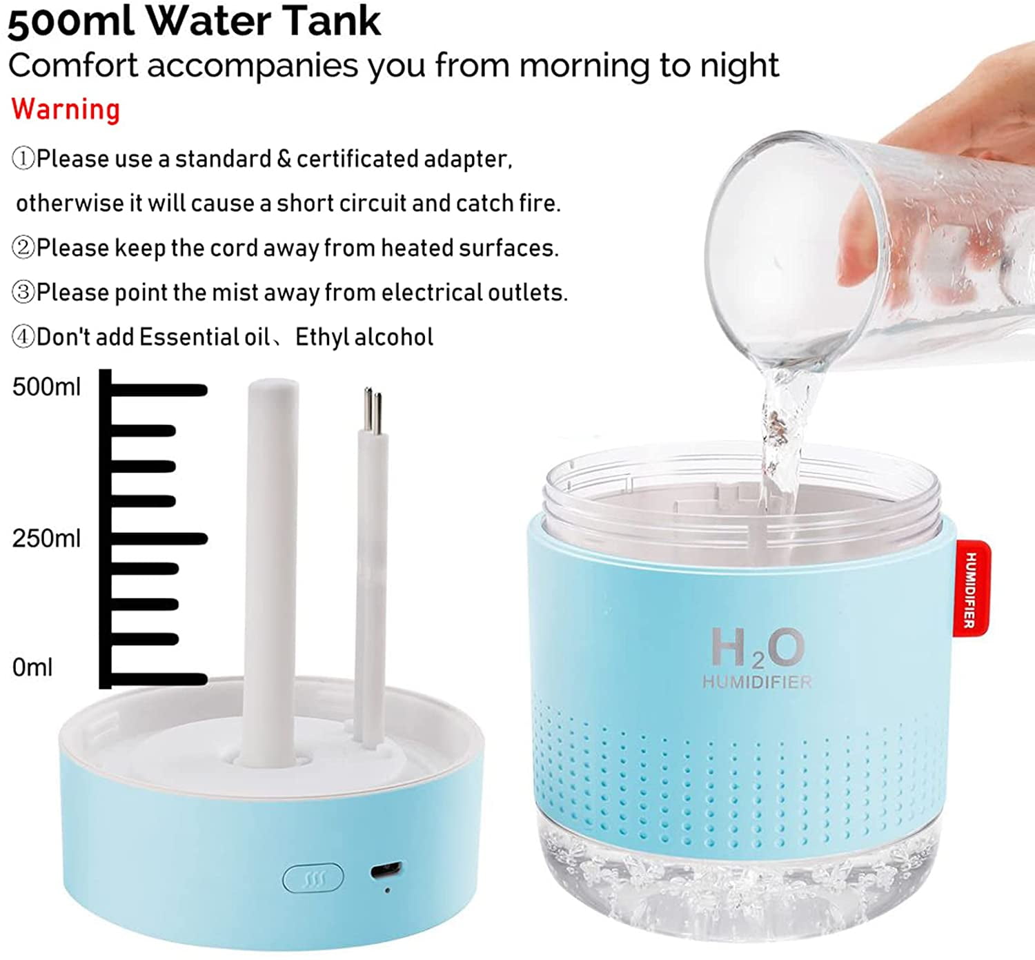Portable Mini Cool Mist Humidifier, 500ml USB Personal Desktop Humidifier for Baby Bedroom Travel Office Home, Auto Shut-Off, 2 Mist Modes, Super Quiet, Blue