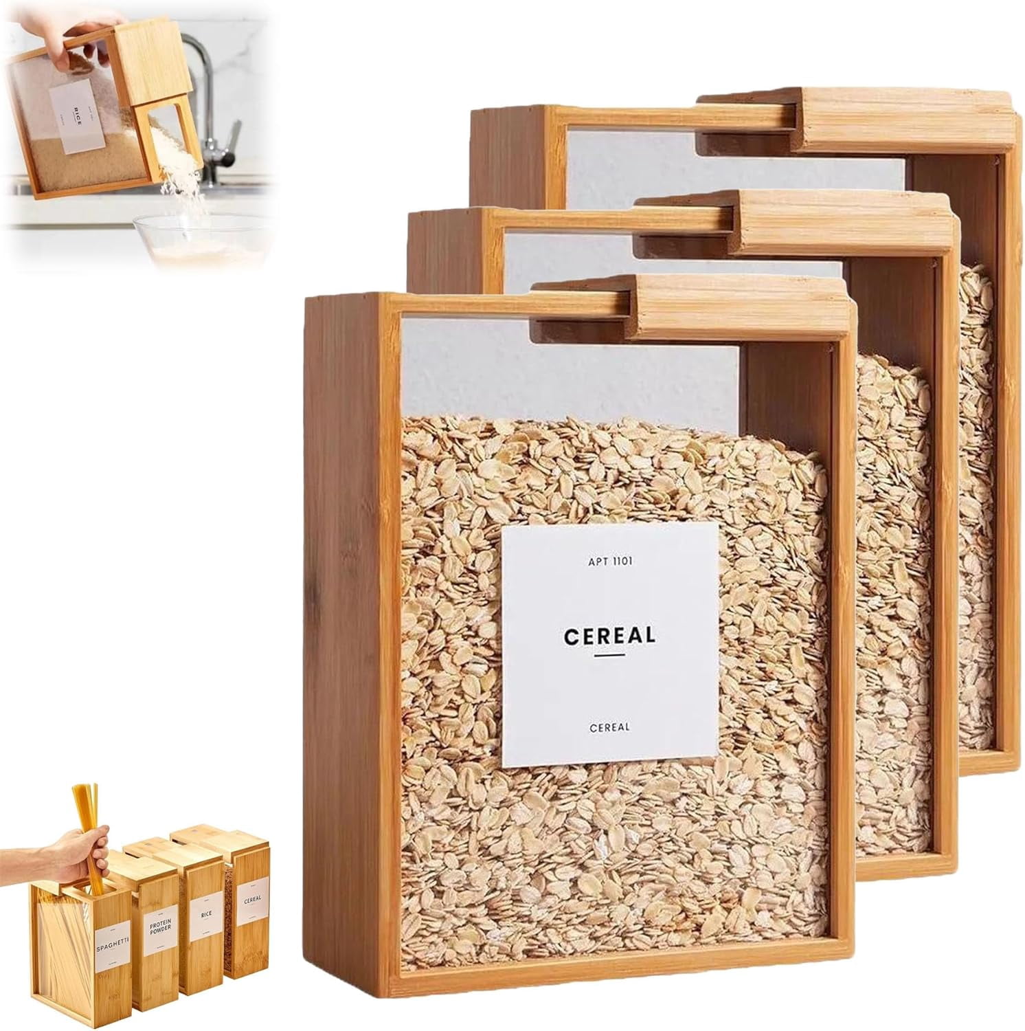 Wooden Cereal Storage Box, Airtight Pantry Bins Container with Lids, Dry Food Dispenser 101oz, for Kitchen Organization Cereal, Sugar, Nut, Coffee Bean, Tea, Pasta, Flour, Nuts, Oat, (2pcs)