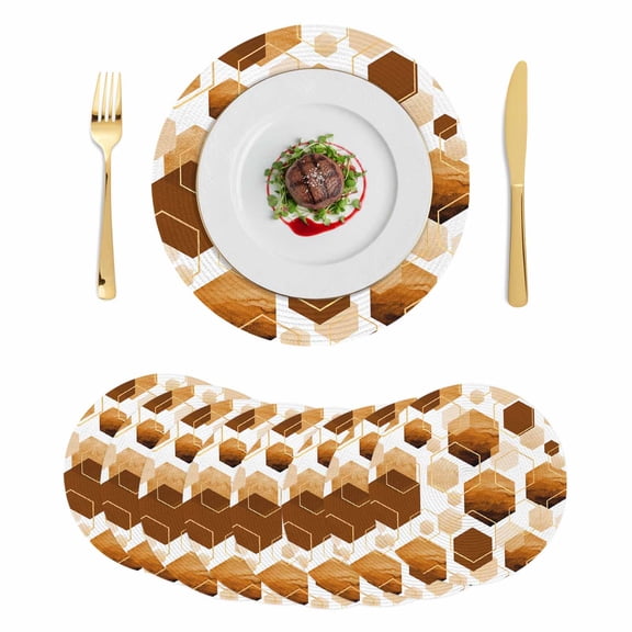 Orange Marble Round 15 Inch Placemats Set of 8, Gold White Geometric Hexagon Modern HeatResistant Non Slip Place Mats for Dining Table, Wipeable Braided Kitchen Table Mats for Housewarming